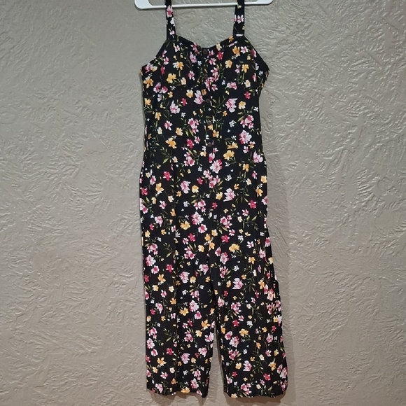 Black and Pink Floral Jumpsuit with Cropped Legs - Picture 1 of 10